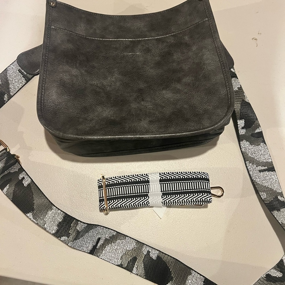 Gray Crossbody Bag with Patterned Strap